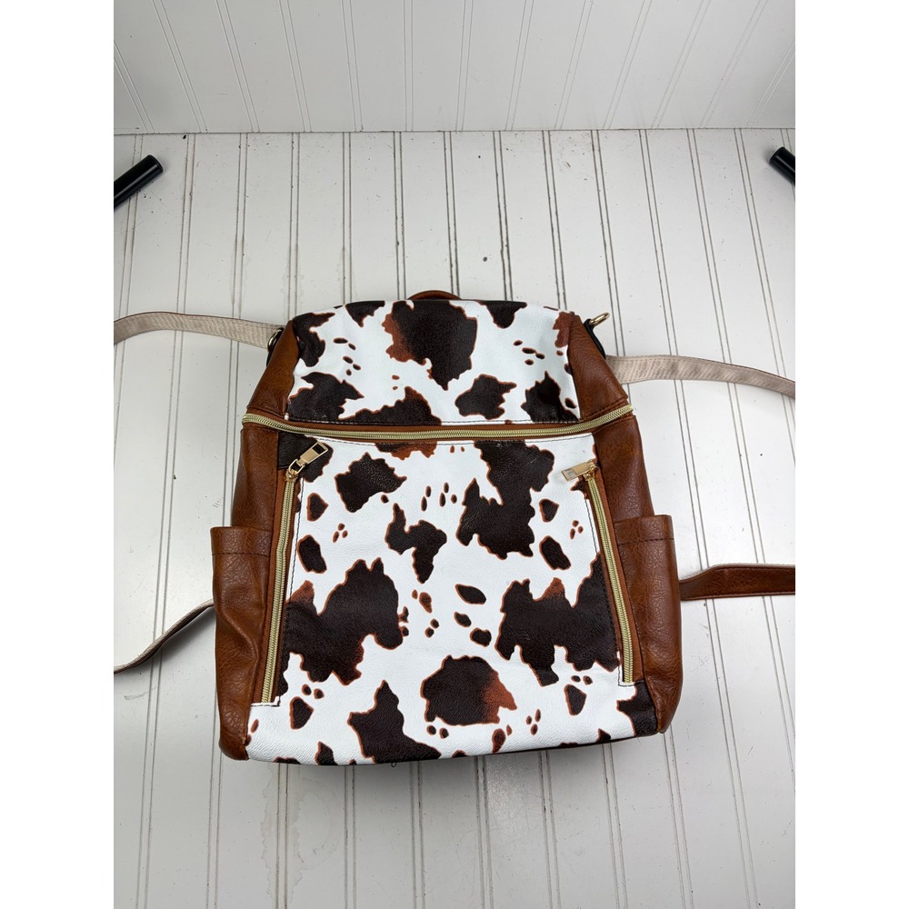 Vintage Y2K Cow Print Boho Western Brown White Faux Leather School Back Pack - Picture 3 of 13